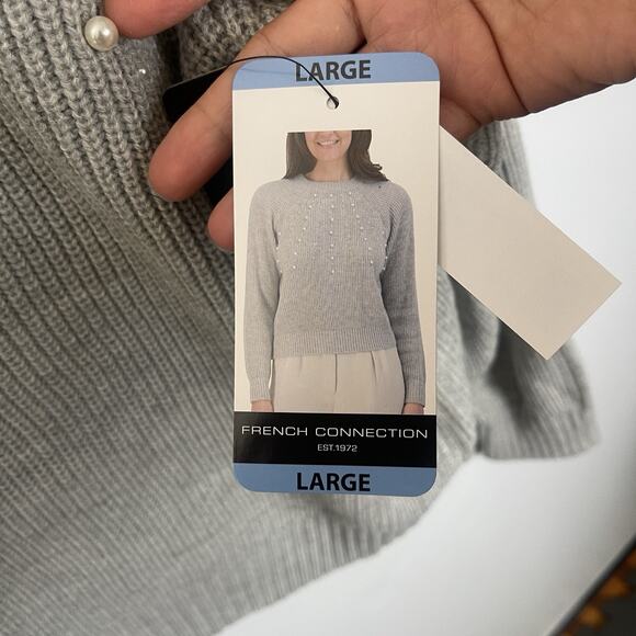 French Connection Women's Embellished Pearl Crewneck Pullover Sweater Gray Large - Picture 10 of 16